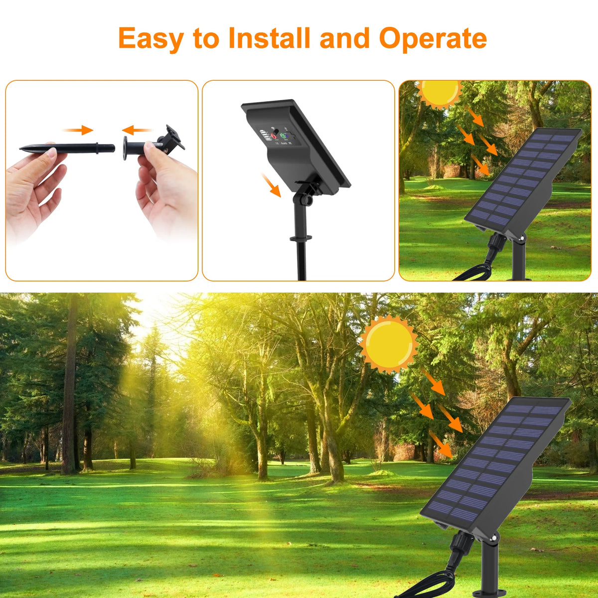 Bande LED solaire allumée la nuit dans un jardin