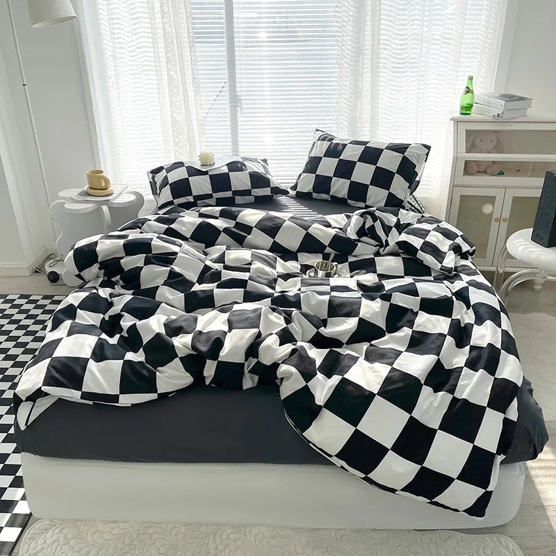 Housse de couette damier beige et taie d'oreiller
