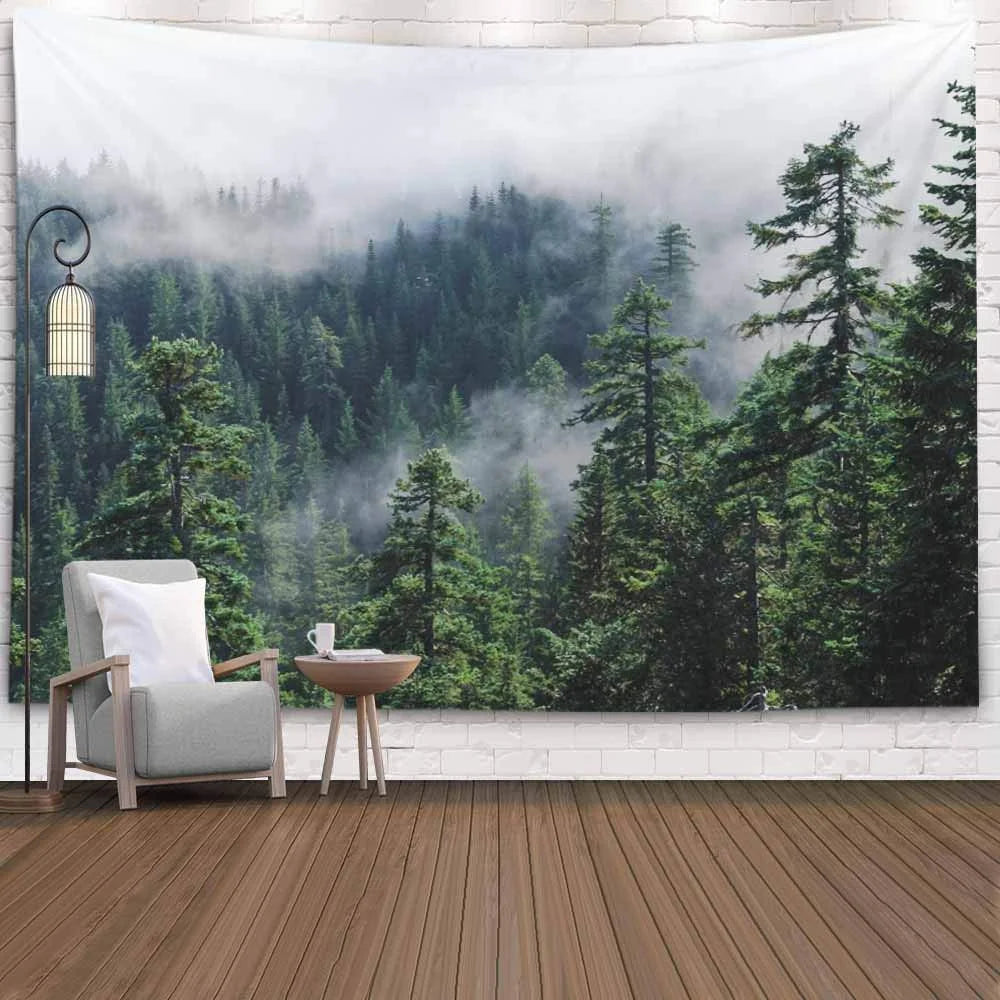 Détail impression forêt brumeuse sur toile polyester