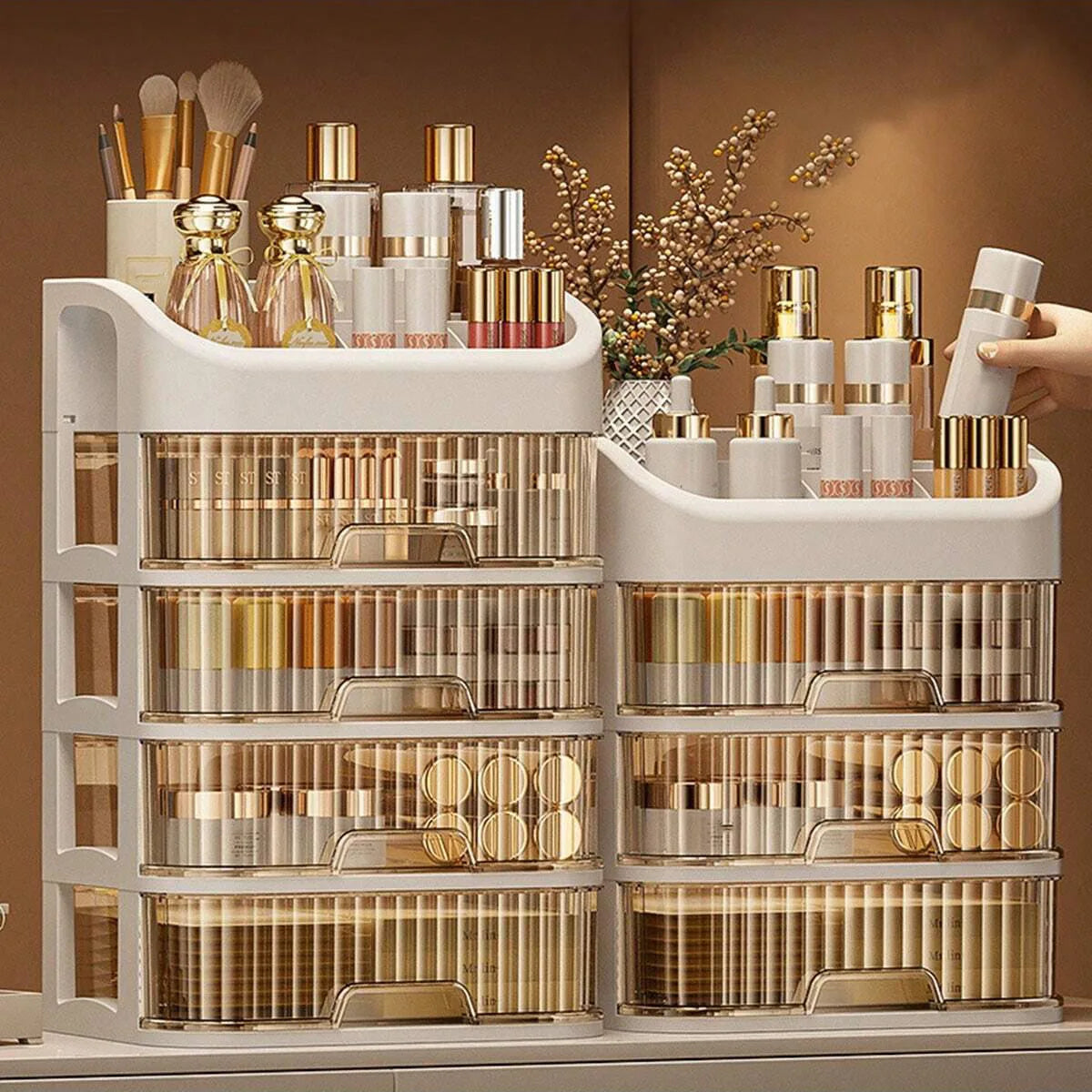 Boîte de rangement maquillage multicouche extensible couleur ivoire