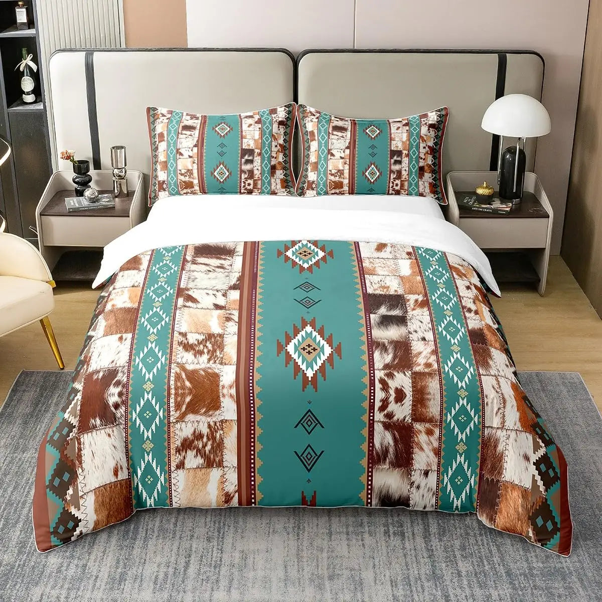 Détail impression 3D motif vache marron sur housse de couette