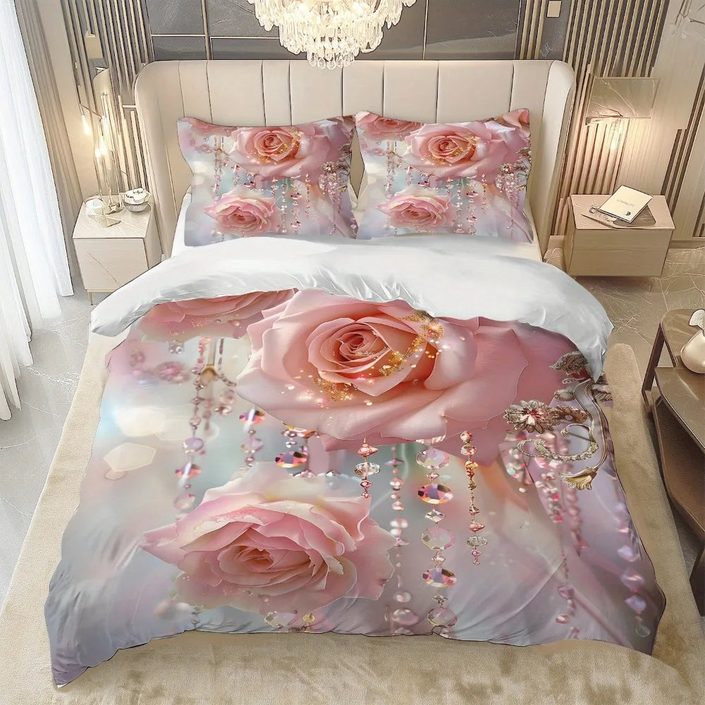 Détail de l'impression 3D diamant sur la housse de couette rose