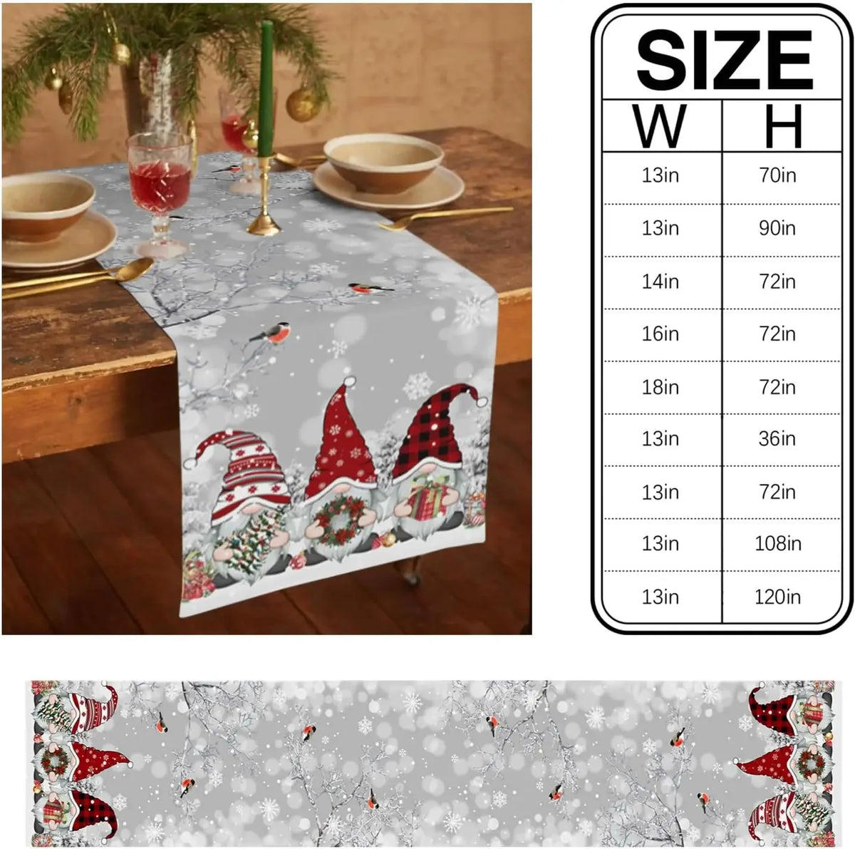 Jolie nappe de table de Noël avec des gnomes rouges et blancs, des flocons de neige et une décoration de Noël sur une table en bois avec des assiettes et des verres.