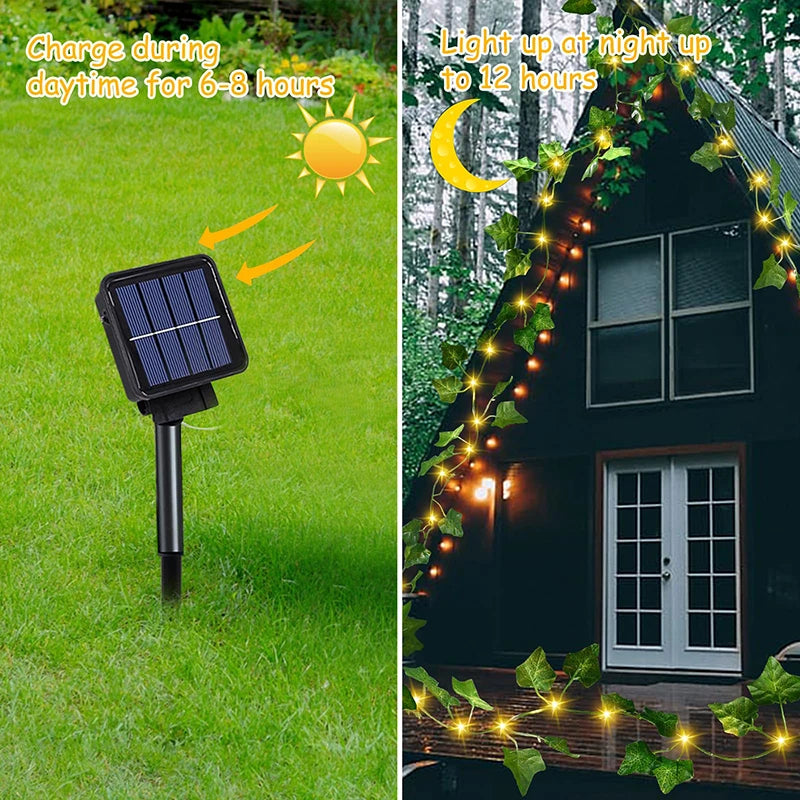 Guirlande solaire décorant une clôture de jardin avec ambiance féerique