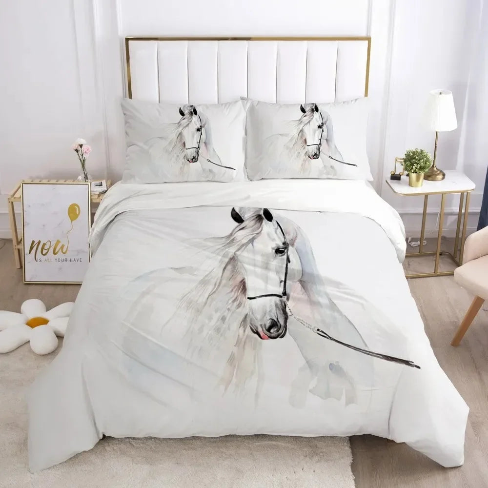 Housse de couette cheval blanc 3D taille reine sur lit