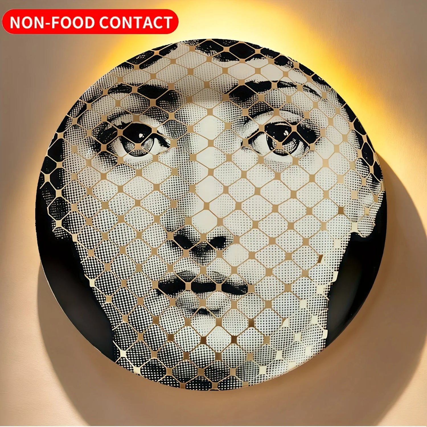 Assiette décorative murale en céramique gris clair suspendue dans un salon moderne