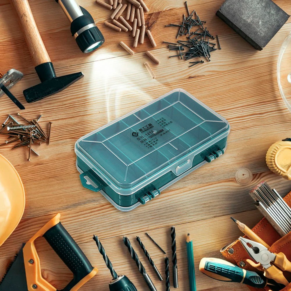 Boîte de rangement remplie de vis et écrous variés