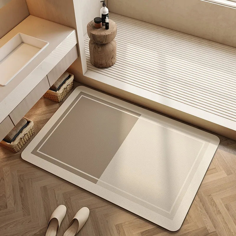 Un bain moderne et épuré avec des éléments de rangement en bois et une baignoire rectangulaire simple et élégante.