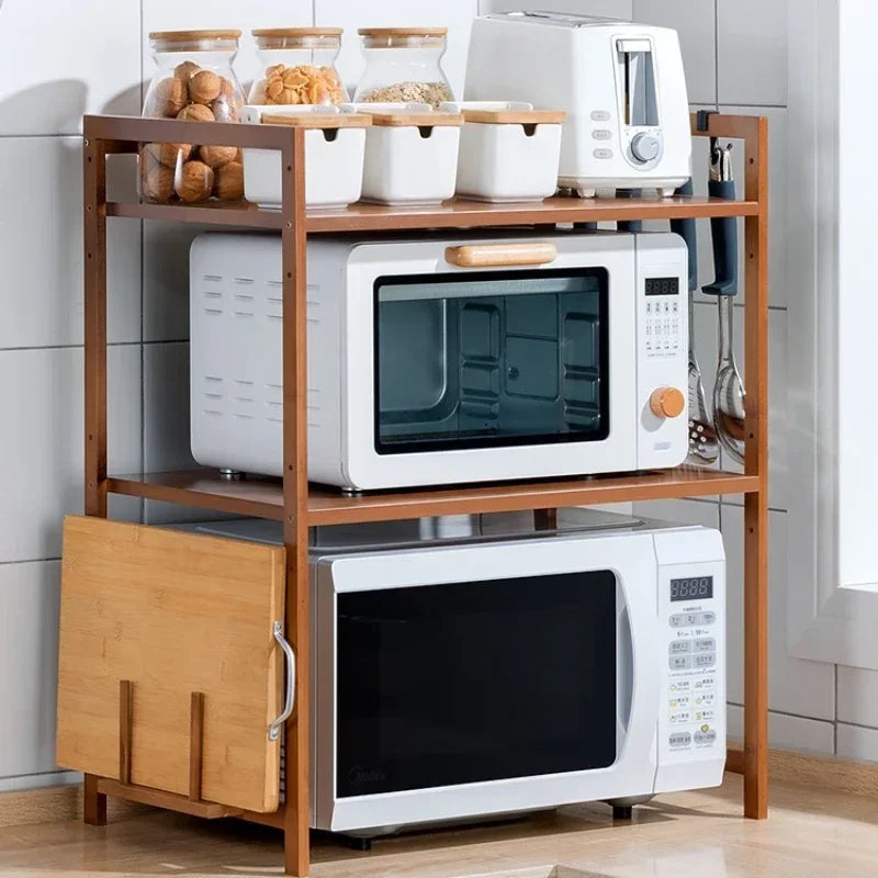 Support micro-ondes bambou double étagère avec micro-ondes