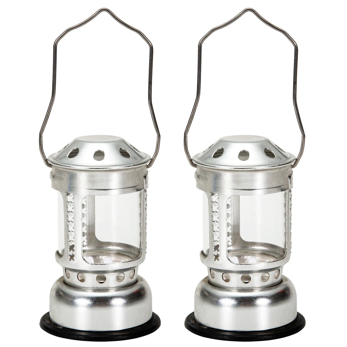 Lanterne à bougie portable en alliage aluminium couleur or posée sur une table de camping