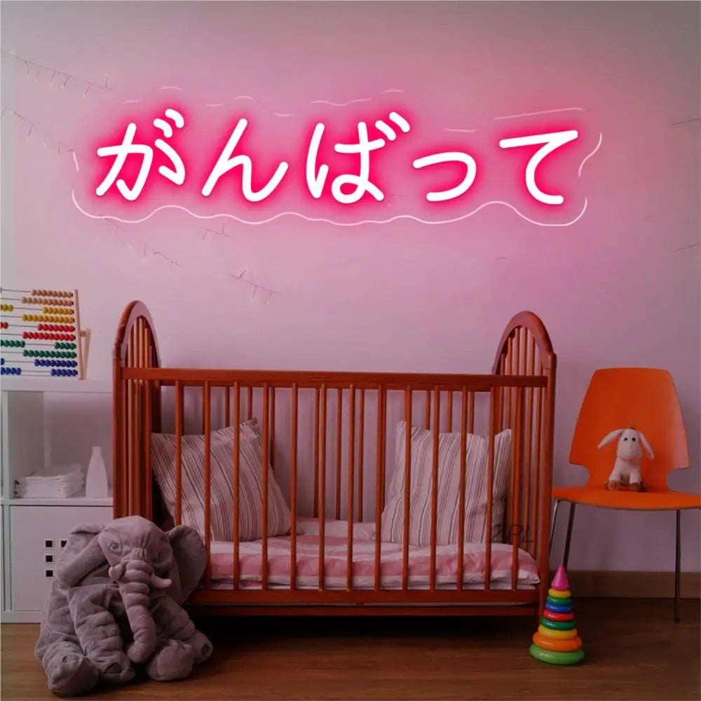 Panneau LED néon japonais allumé en bleu dans une chambre décorée style Kawaii
