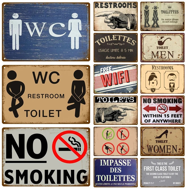 Panneau métallique vintage pour décoration de toilettes en style rétro