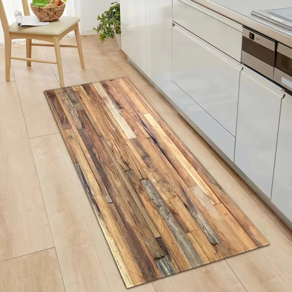 Tapis vert bois rayé dans un salon avec décoration naturelle