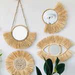 Miroir mural rond en raphia et perles bois blanc