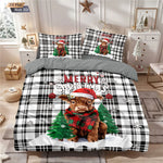 Parure de lit de Noël imprimée vache des Highlands à carreaux sur un lit