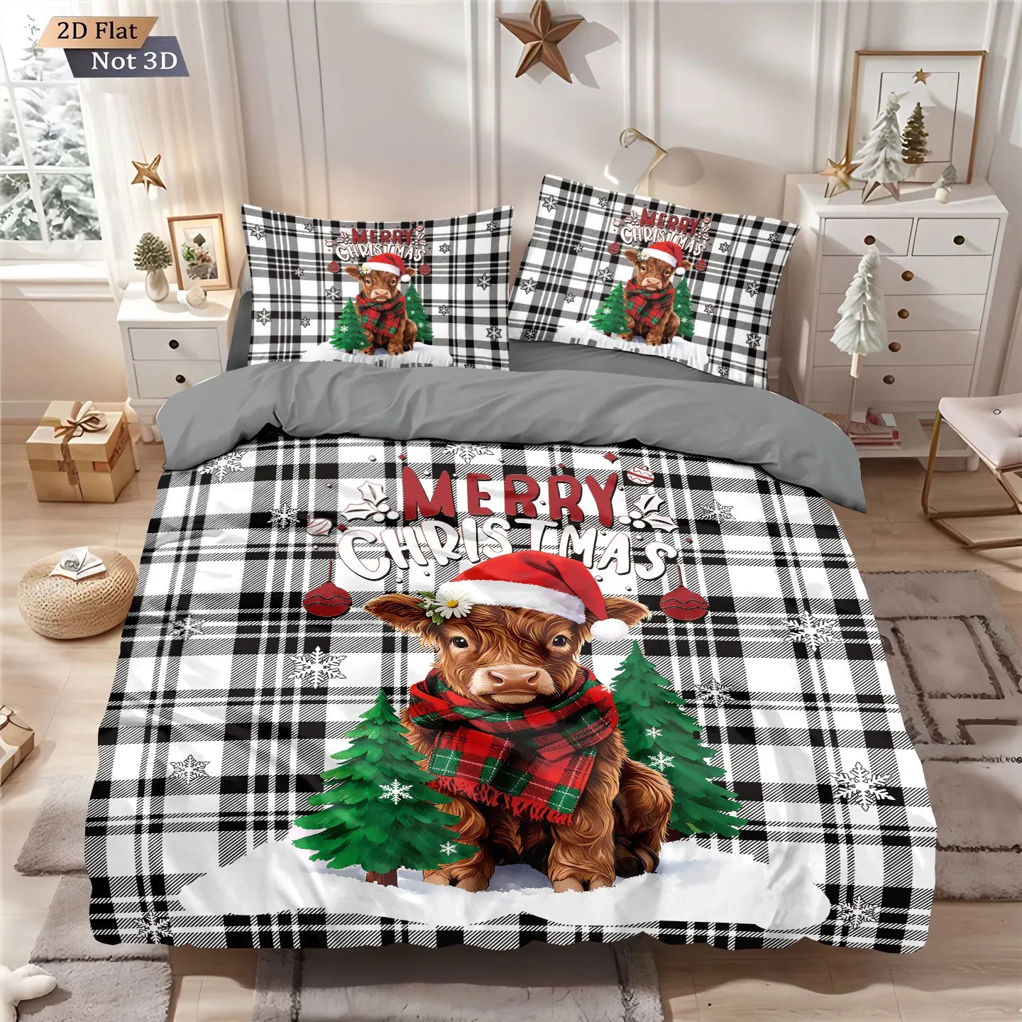 Parure de lit de Noël imprimée vache des Highlands à carreaux sur un lit