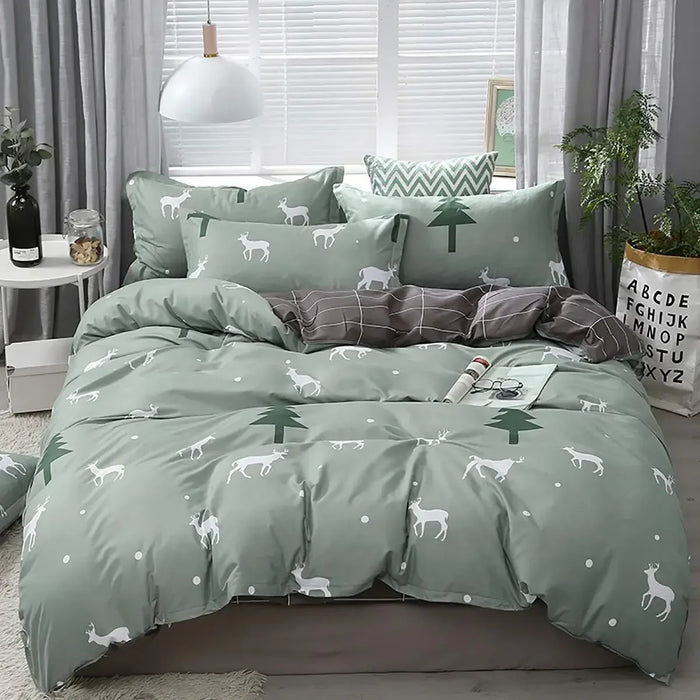 Housse de couette verte saige motif élan cerf arbre de Noël sur lit Queen