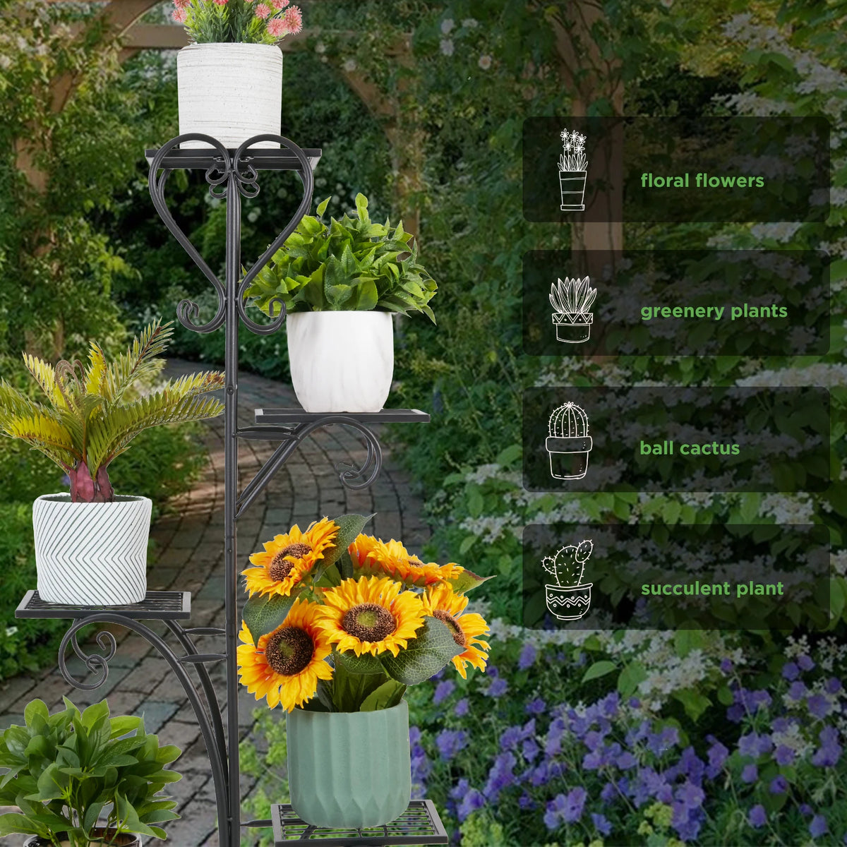 Porte plantes utilisé dans un jardin avec diverses fleurs