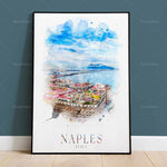 Cette illustration aquarelle capture le paysage coloré et la beauté de Naples, en Italie, avec ses bâtiments aux couleurs vives, son panorama côtier et son mont Vésuve en arrière-plan.