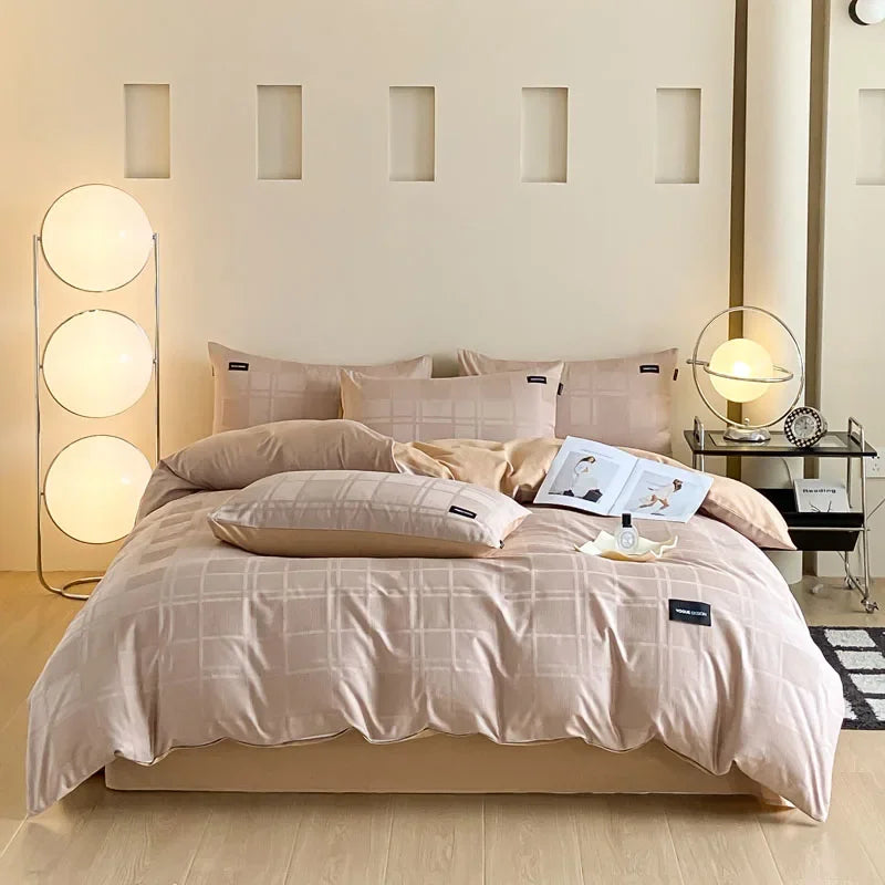 Housse de couette une place coton jacquard carreaux gris