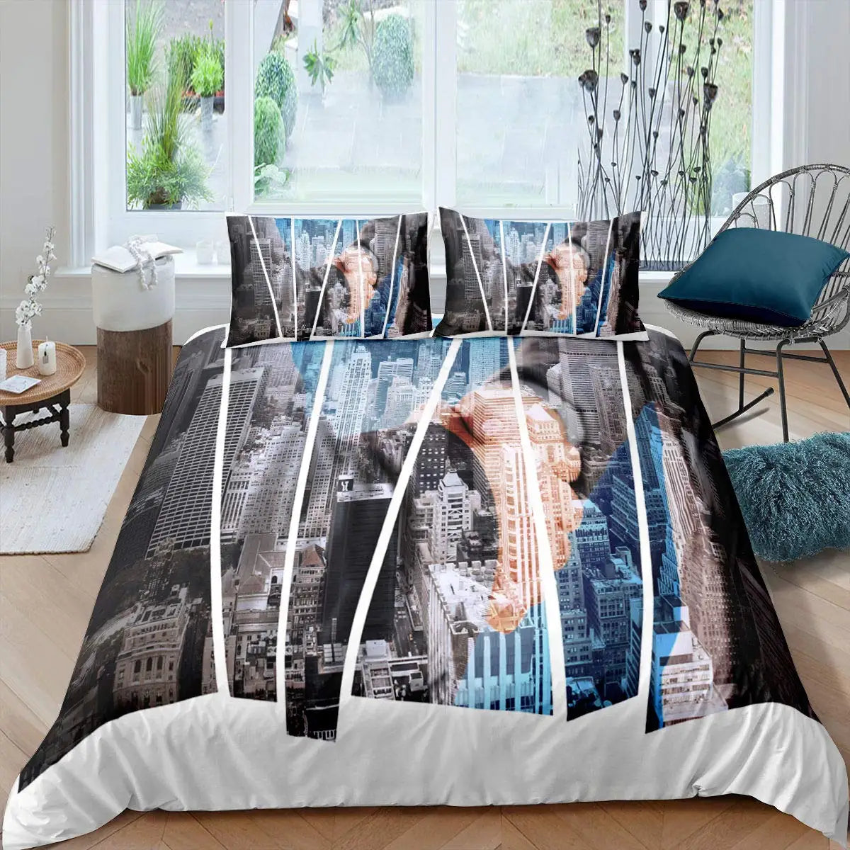 Détail impression 3D skyline New York sur housse couette