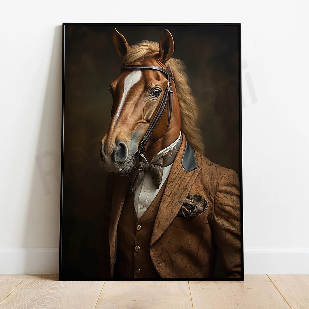 Photographie d'un cheval élégamment vêtu d'un costume brun, avec une bride et une expression pensive, créant une image whimsique et captivante.