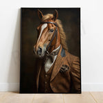 Photographie d'un cheval élégamment vêtu d'un costume brun, avec une bride et une expression pensive, créant une image whimsique et captivante.