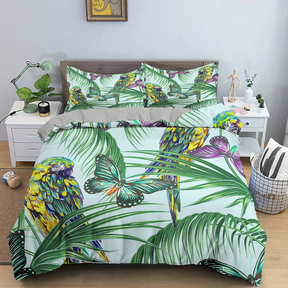 Motif feuilles tropicales et papillons sur housse de couette
