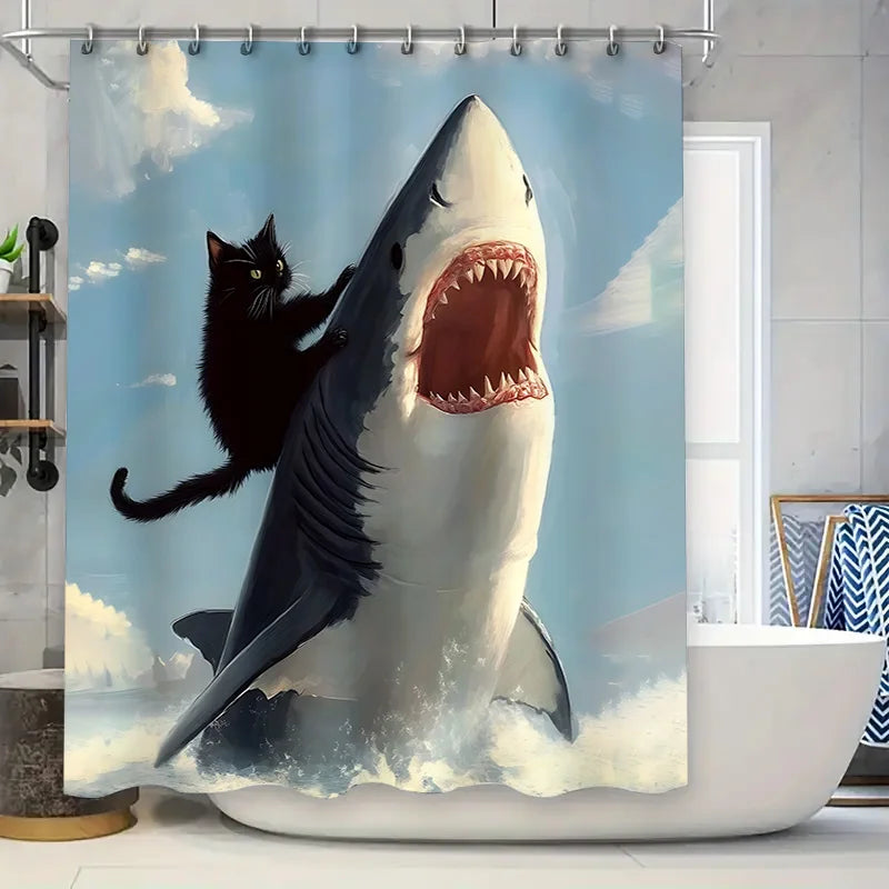 Rideau de douche chat noir chevauchant un requin design moderne