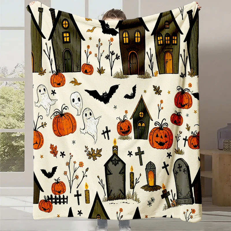 Une couverture en coton illustrée de maisons hantées, citrouilles, fantômes et symboles d'Halloween créant une ambiance mystérieuse et festive.