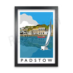 Une illustration colorée et stylisée du port de Padstow, avec des maisons traditionnelles, un bateau à voile et des montagnes en arrière-plan.