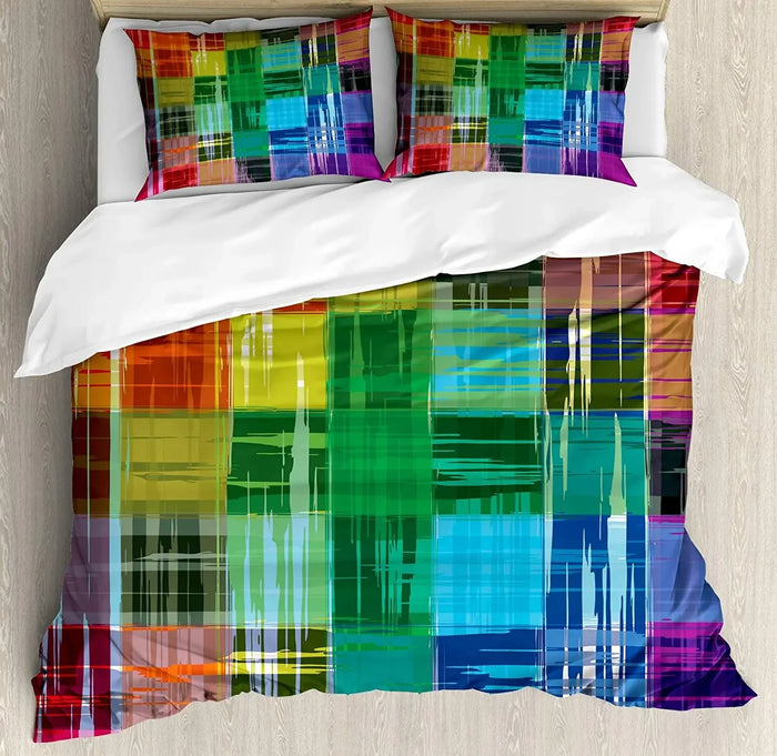 Parure de lit vintage arc-en-ciel avec carreaux abstraits colorés