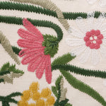 Motif décoratif de fleurs et de feuilles tropicales, avec des touches de couleurs vives et de textures intéressantes.
