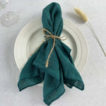 Serviette de table pliée délicatement avec un lien de ficelle, posée sur une assiette blanche, accompagnée d'un élément décoratif en fibre végétale.