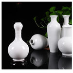 Une collection élégante de vases blanc mat sur fond noir, avec des plantes vertes en arrière-plan.
