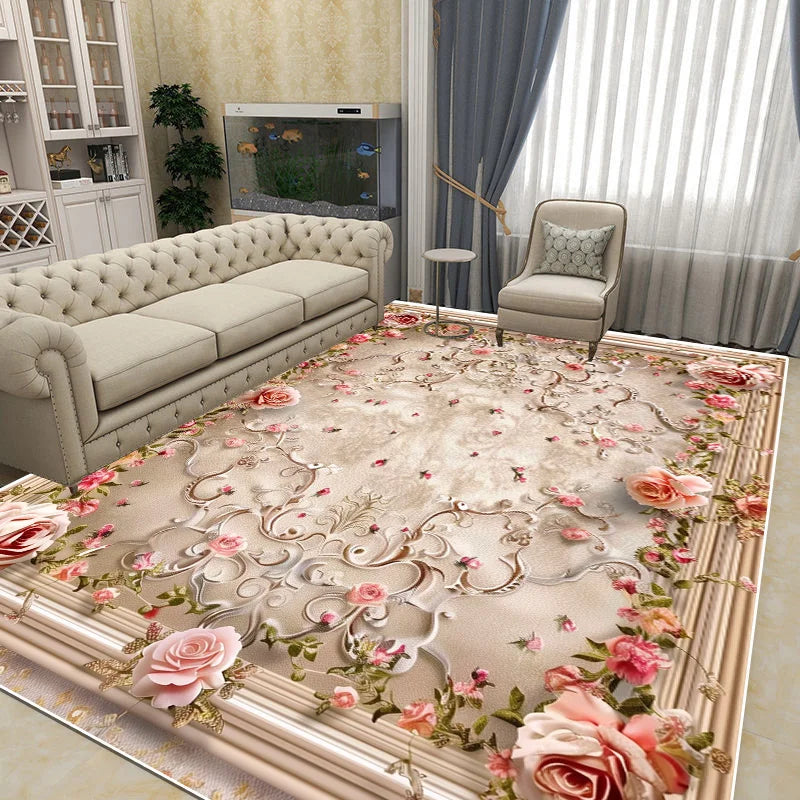 Un élégant tapis à motifs floraux de teintes douces, créant une ambiance chaleureuse et accueillante dans un intérieur moderne et raffiné.