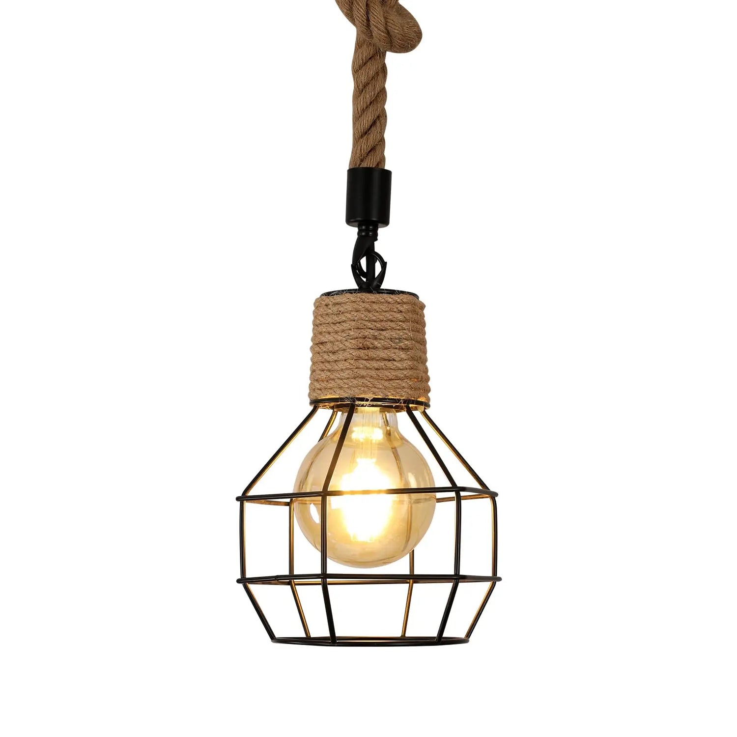Suspension luminaire 3 lampes vintage en bois noir avec corde de chanvre