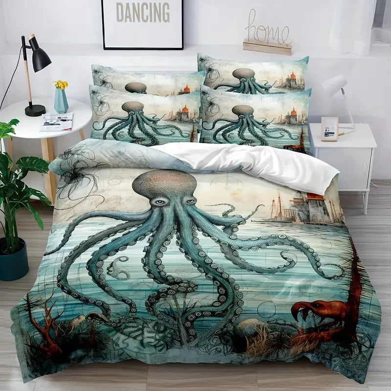 Parure de lit 3D pieuvre et vie marine