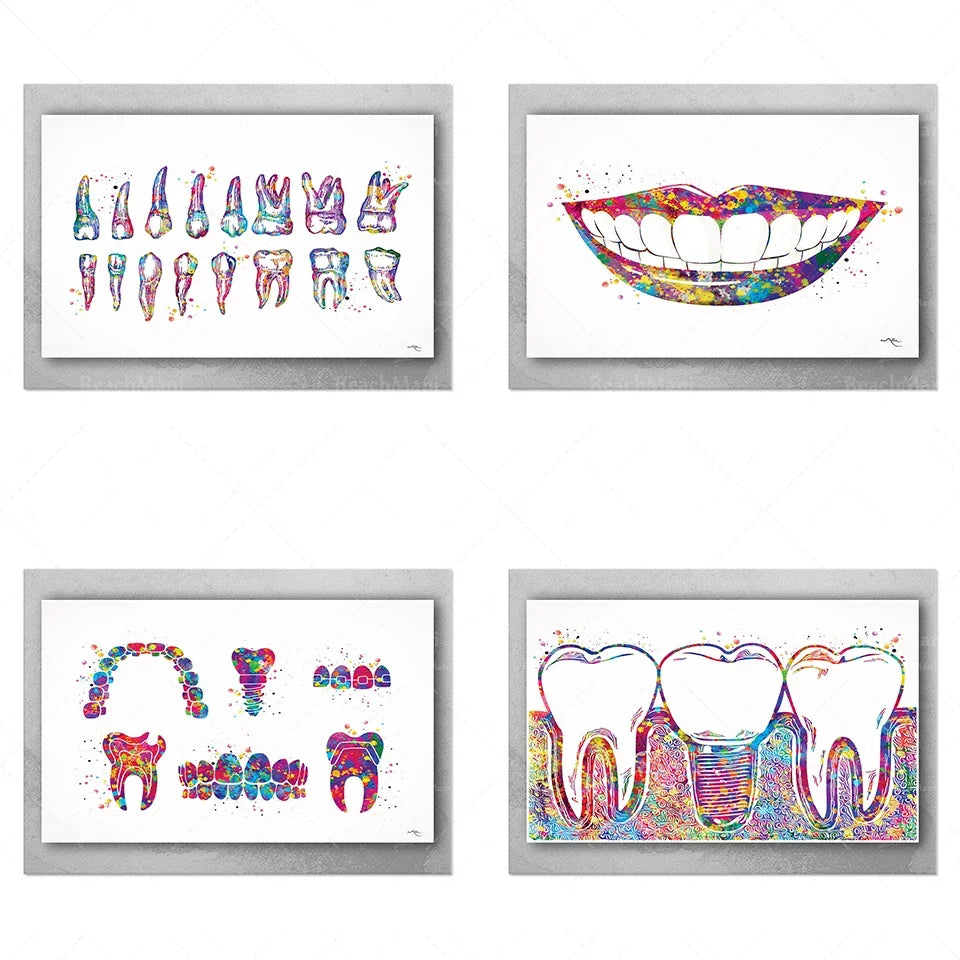 Illustrations colorées et vibrantes représentant des dents et des implants dentaires, mettant en valeur l'esthétique et la santé bucco-dentaire de manière artistique.