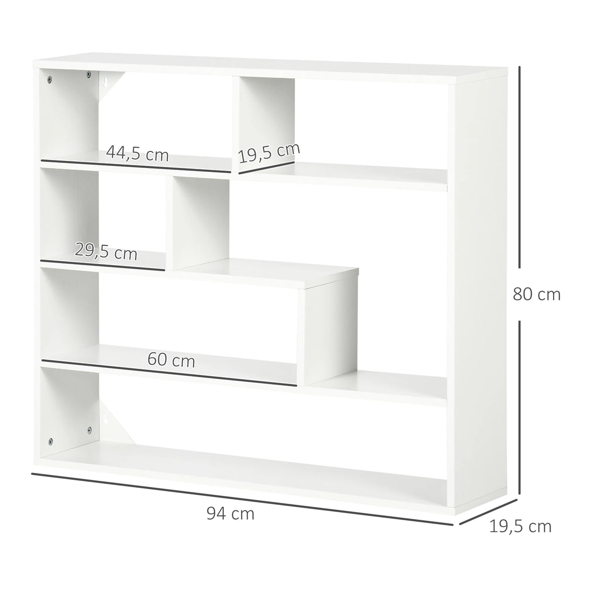 Détail des compartiments de l'étagère murale en bois mélaminé