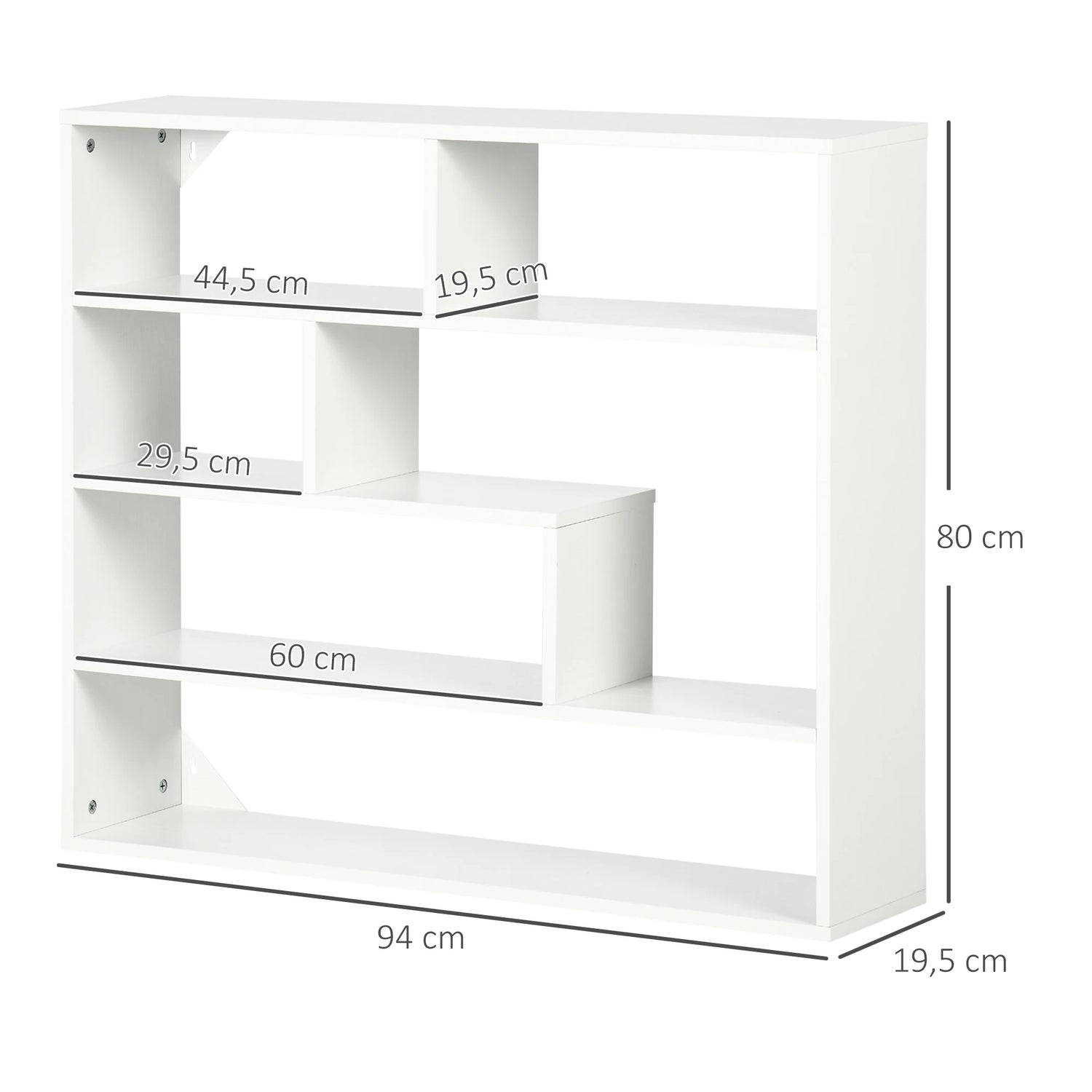 Détail des compartiments de l'étagère murale en bois mélaminé