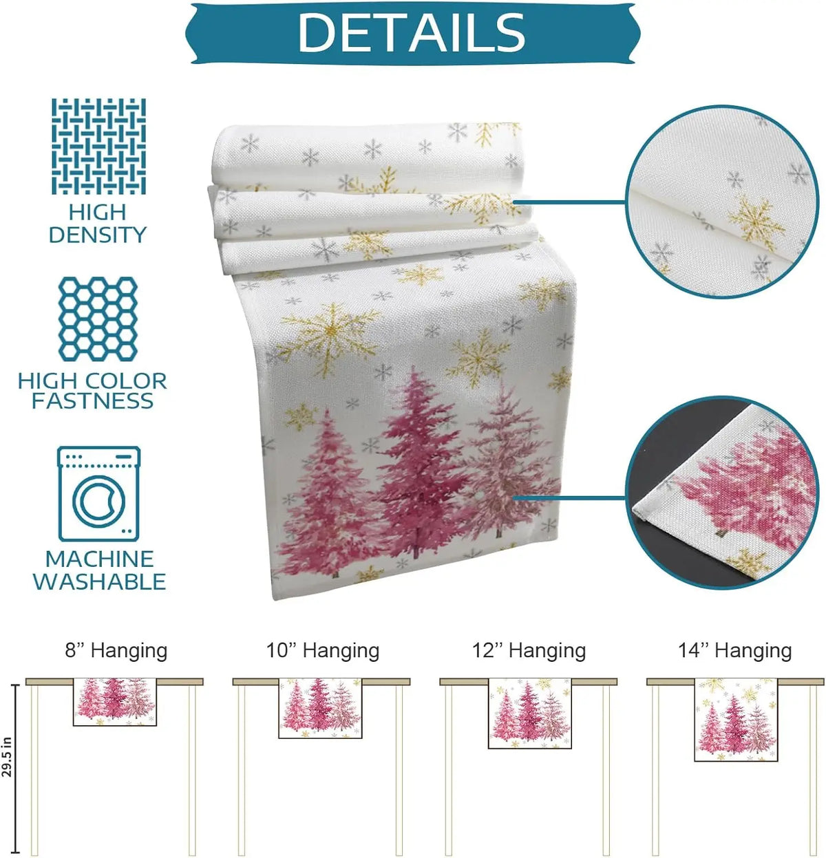 Cette image promotionnelle présente un motif de flocons de neige et d'arbres de Noël rouges sur un rouleau de papier peint de haute densité et très résistant à la couleur, avec des informations sur les différentes tailles disponibles pour l'accrocher.