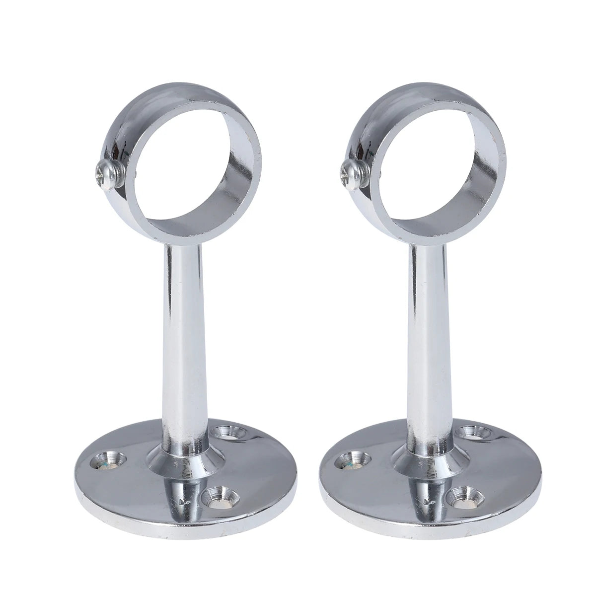 Deux supports muraux chromés brillants pour tringle à rideaux extensible, posés sur un fond gris.
