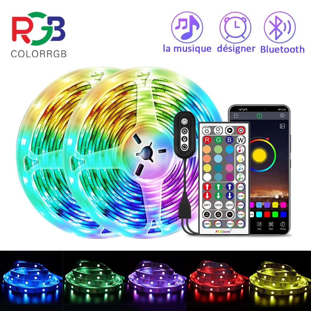 Ruban LED mural RGB 5050 allumé avec couleurs vives dans une chambre