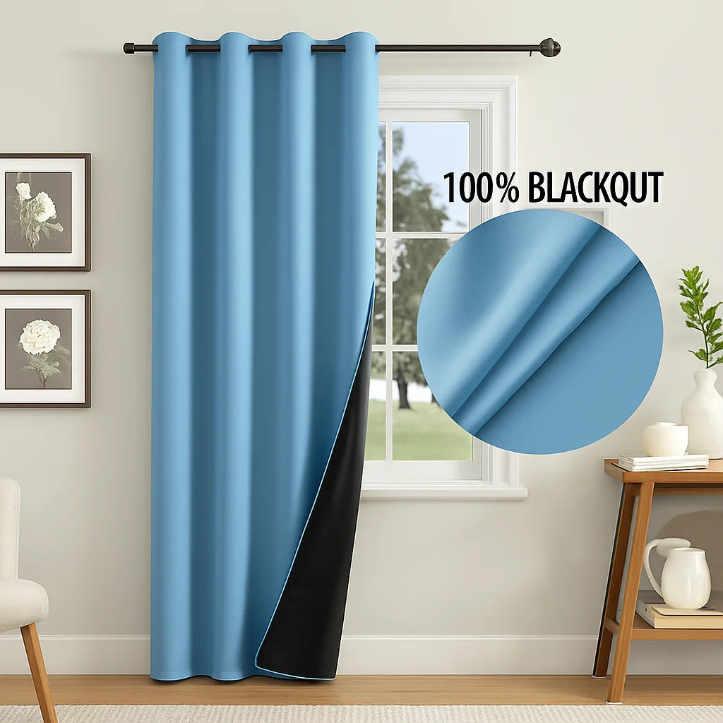 Rideau bleu ciel 100 % occultant avec doublure noire visible, installé dans une pièce lumineuse avec fenêtre blanche.