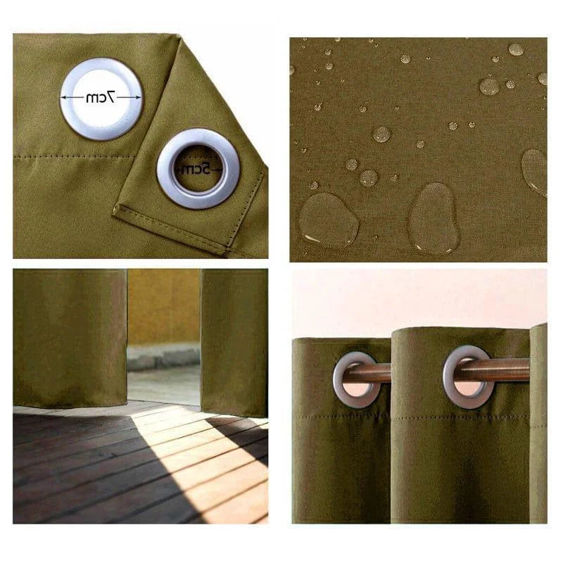Rideau extérieur vert avec œillets métalliques de 7 cm, résistant aux intempéries, idéal pour terrasse ou jardin. Présentation de l'imperméabilité avec des gouttes d'eau. Vue détaillée des finitions soignées. Optimisation de l'espace extérieur avec ce rideau décoratif et fonctionnel.