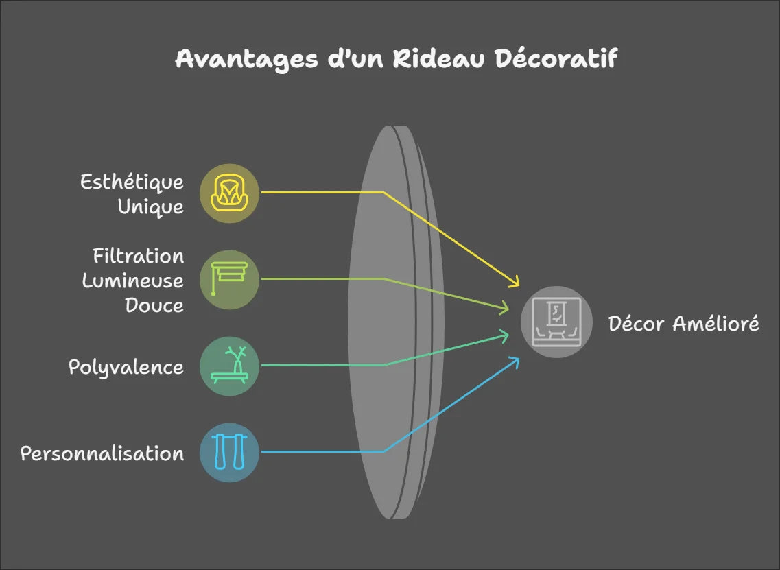 Infographie illustrant les avantages d'un rideau décoratif, soulignant son esthétique unique, sa filtration lumineuse douce, sa polyvalence, et les options de personnalisation pour un décor amélioré. Idéal pour transformer l'atmosphère d'une pièce avec style et fonctionnalité.