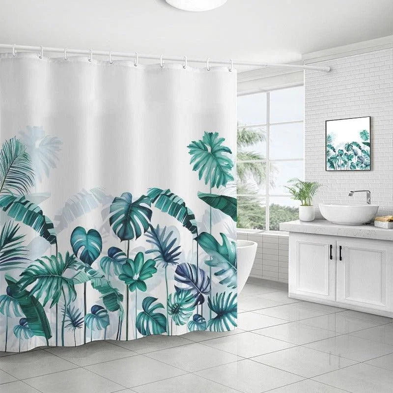 Rideau de douche moderne avec motif feuillage tropical, idéal pour embellir votre salle de bain avec une touche exotique. Ce design élégant apporte fraîcheur et style à votre espace, créant une ambiance relaxante et naturelle.
