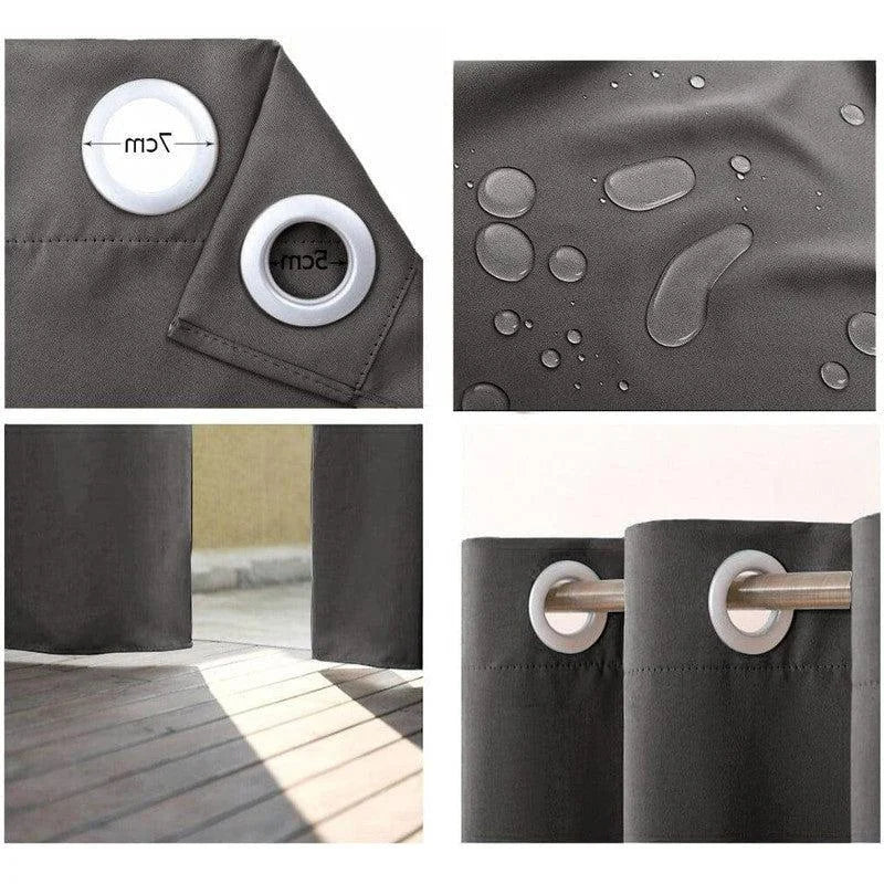 Rideau extérieur imperméable gris avec œillets et protection anti-UV, idéal pour assurer intimité et confort dans votre espace extérieur. L'eau glisse facilement, parfait pour terrasse ou balcon. Facile à installer grâce aux œillets renforcés, dimensions adaptées aux besoins variés. Parfait pour embellir et protéger vos espaces extérieurs des intempéries.