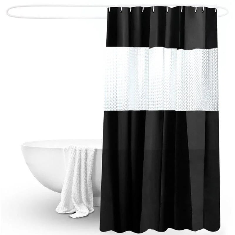 Rideau de douche design noir et blanc avec motif géométrique, idéal pour moderniser la salle de bains. Accessoire tendance offrant élégance et fonctionnalité, parfait pour protéger votre espace de l'eau tout en ajoutant une touche contemporaine à votre décoration intérieure.